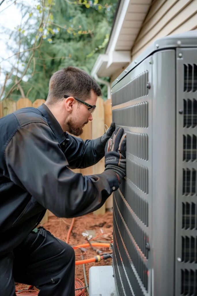A skilled technician carefully examining a modern HVAC unit in a pristine home setting
