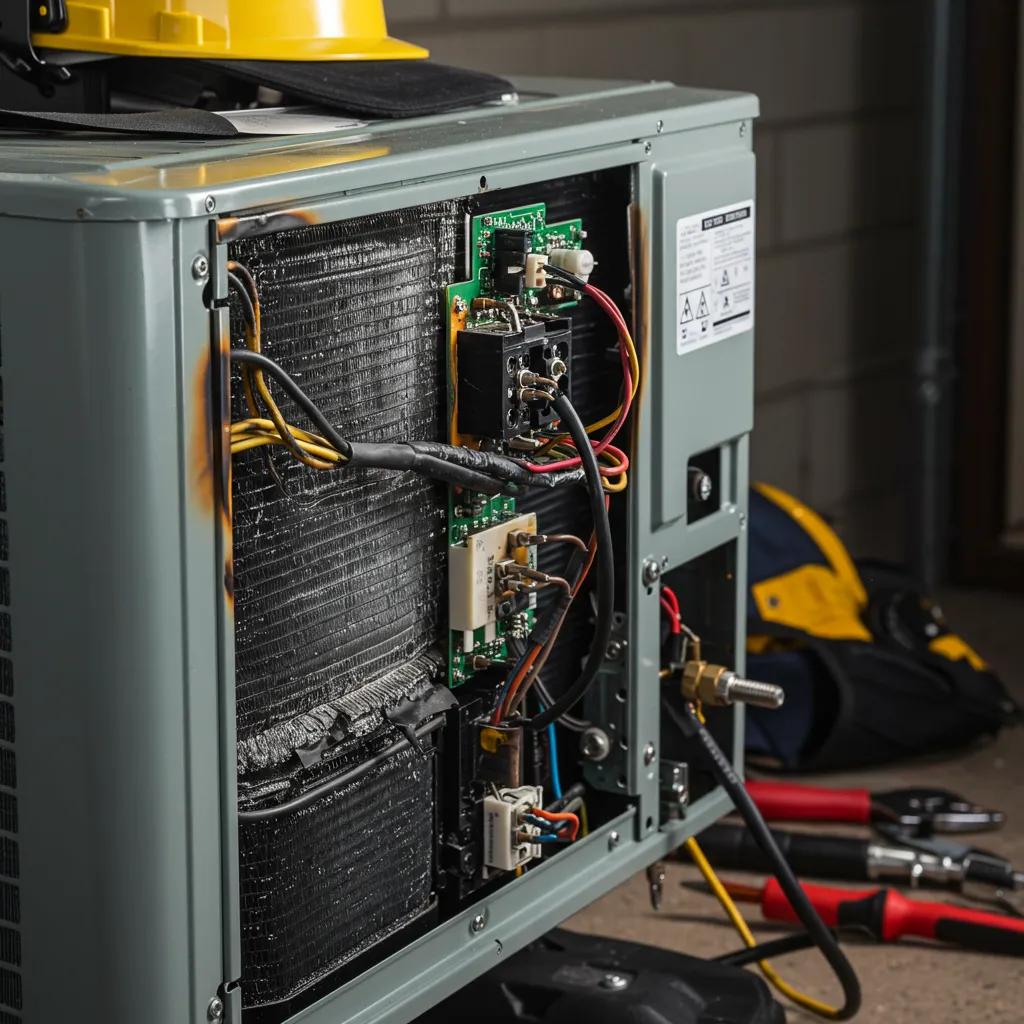 A close-up of an HVAC unit showing signs of overheating and electrical malfunctions