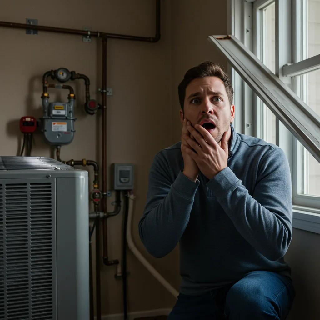 A concerned homeowner reacting to a rotten egg smell near their HVAC unit, suggesting a potential gas leak