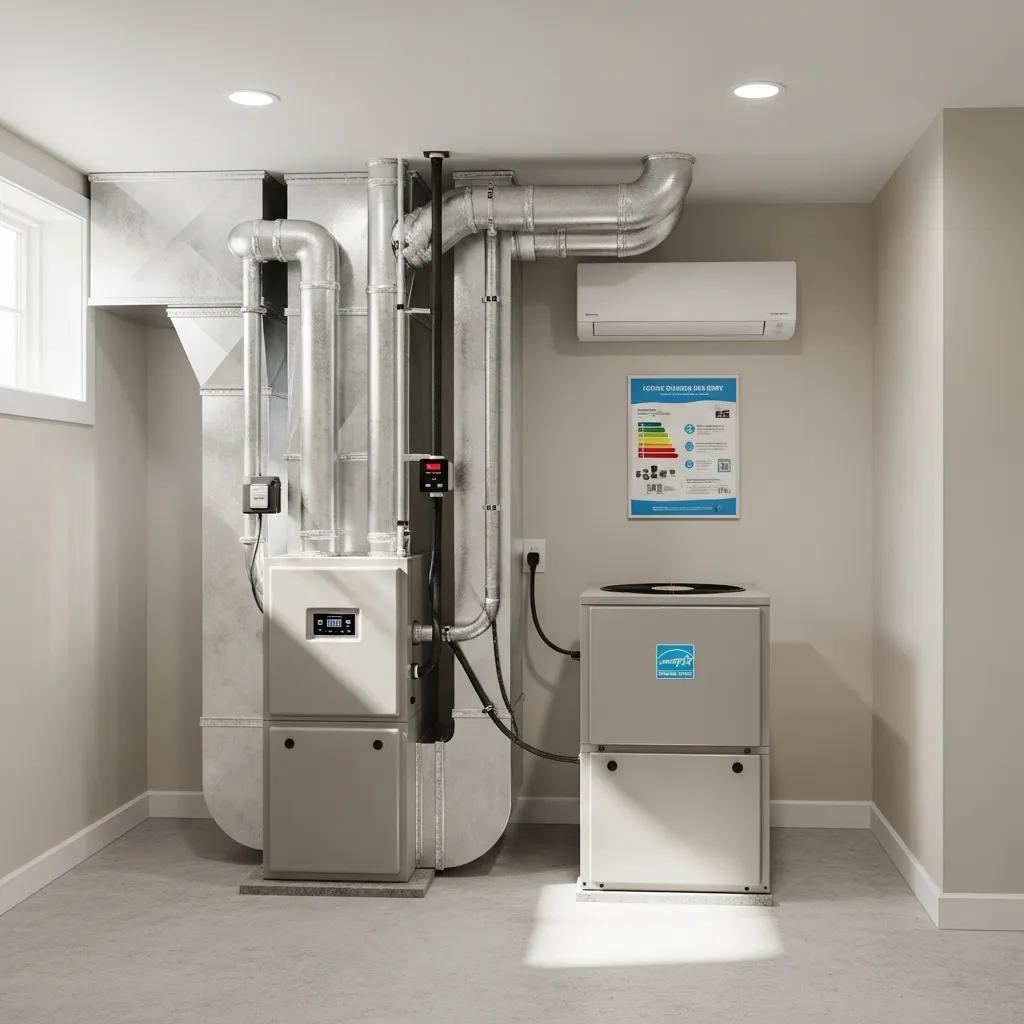 Top Energy-Efficient Home Upgrades for HVAC 3 High-efficiency AC and furnace in a home, showcasing modern design and energy-saving features