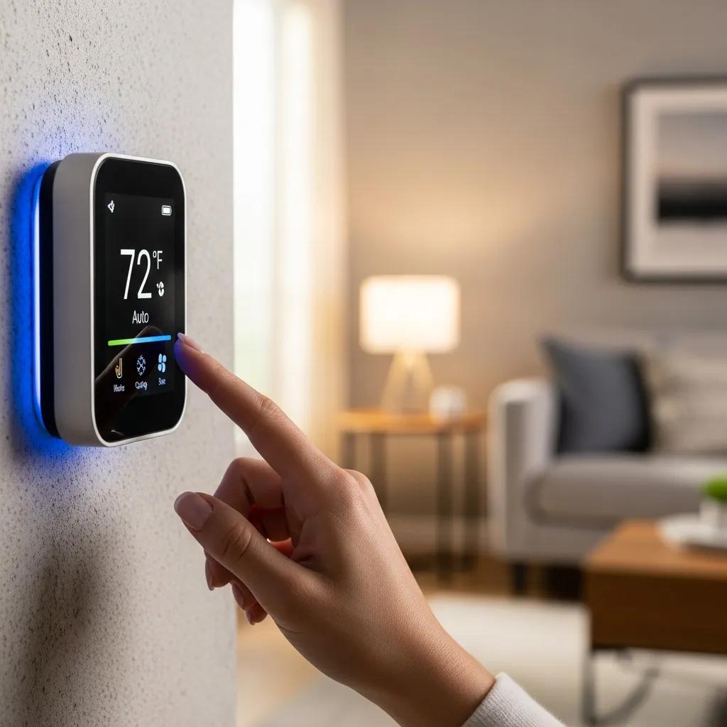 Top Energy-Efficient Home Upgrades for HVAC 4 Smart thermostat in a living room, illustrating modern home technology and energy efficiency