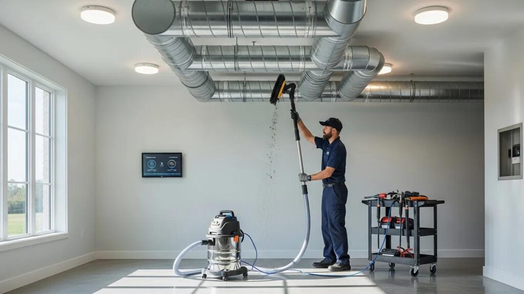 Boost Your Home's Air Quality with Expert Air Duct Cleaning 2 Professional HVAC technician cleaning air ducts to improve indoor air quality